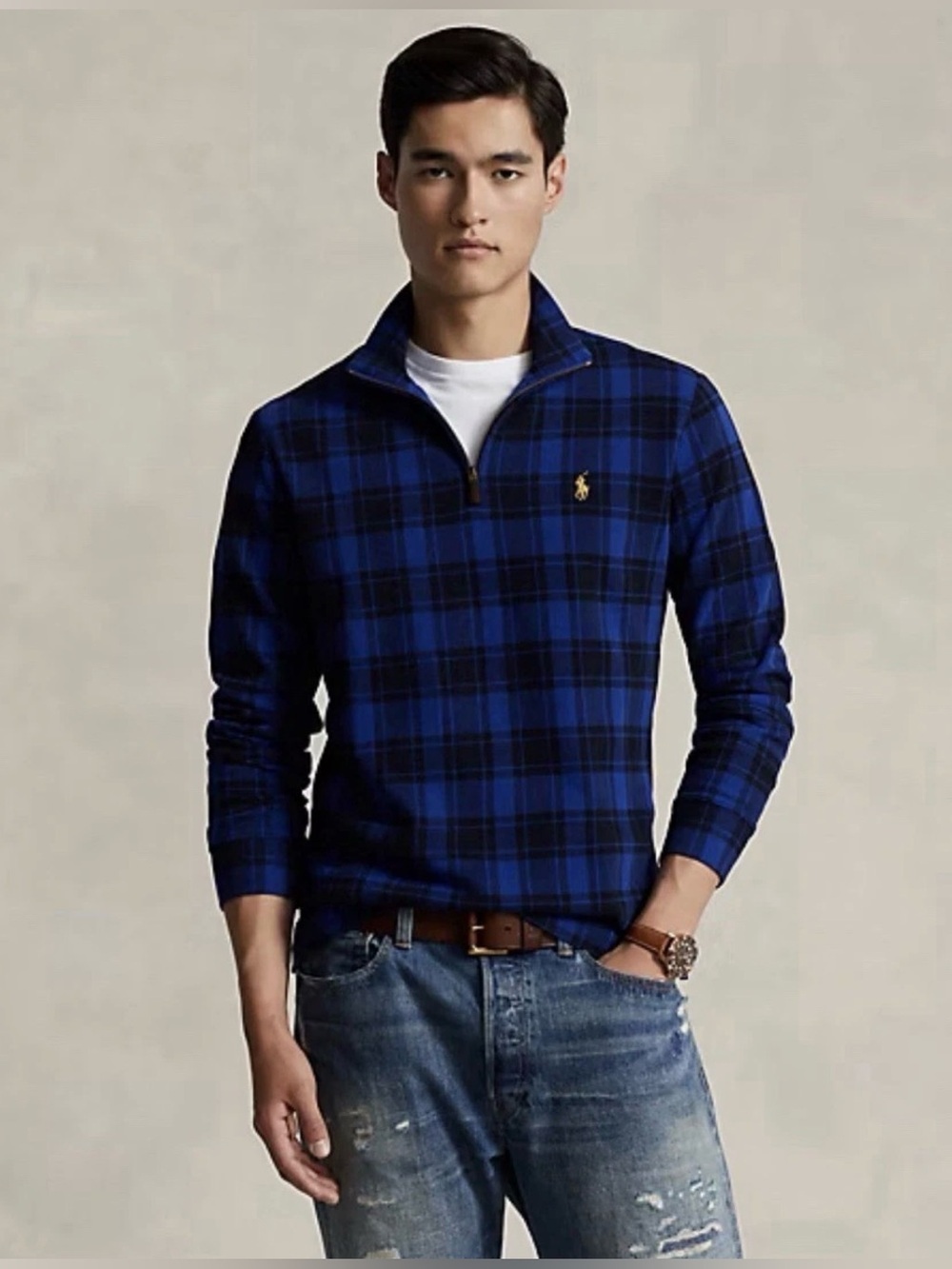 Ralph Lauren polo Plaid Estate-Rib Quarter-Zip Pullover large blue black tartan